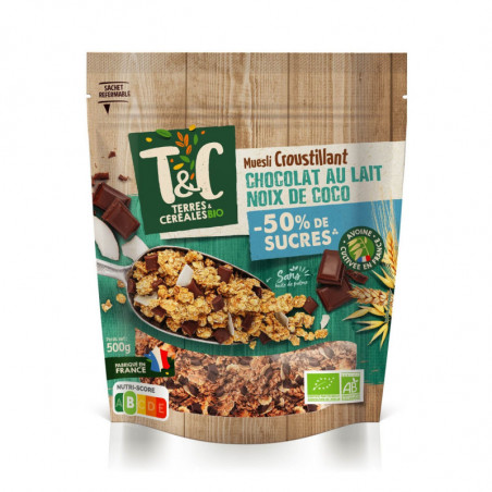TERRES ET CEREALES - Muesli Croustillant Chocolat Lait Noix de Coco Bio - paquet de 500 g