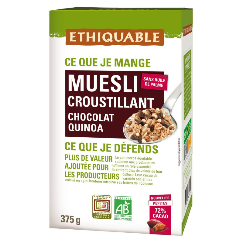 LOT DE 2 - ETHIQUABLE - Muesli Croustillant Chocolat Noir Quinoa Bio - boite de 375 g