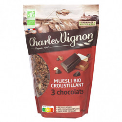 CHARLES VIGNON - Muesli Croustillant 3 chocolats Bio - Mueslis et Avoines - paquet de 375 g