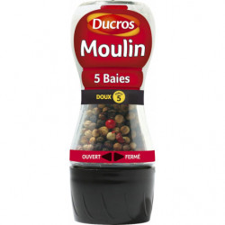 LOT DE 5 - DUCROS -  Moulin Poivre 5 Baies Doux - Poivres grains et mélanges de baies - flacon de 24 g
