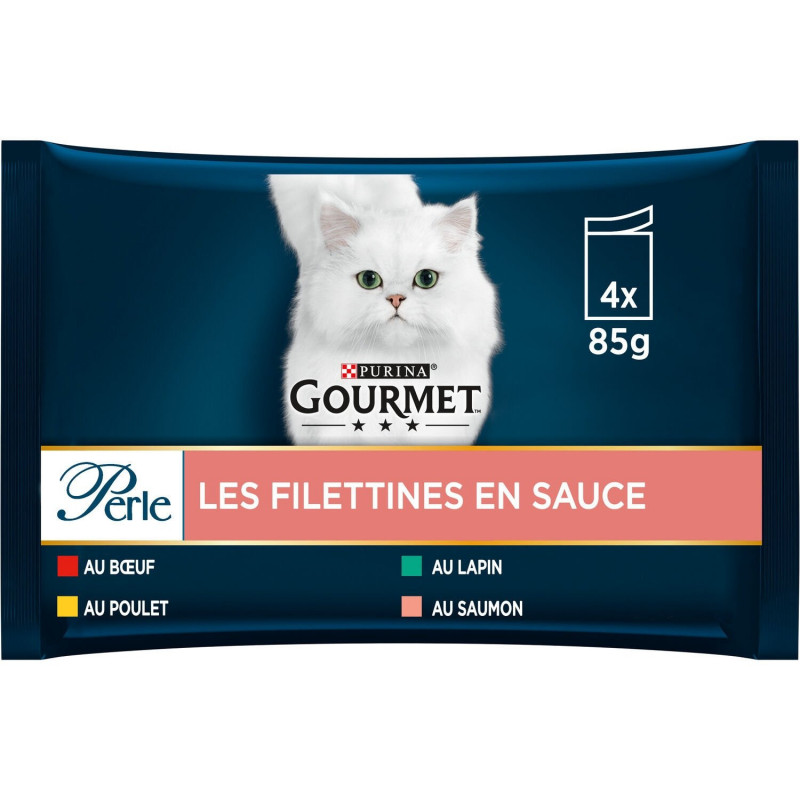 LOT DE 4 - PURINA GOURMET - Perle Filettines en Sauce buf poulet lapin saumon Pâtée chat Adulte - paquet de 4 sachets de 85 g