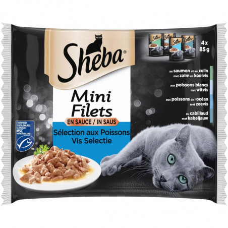 LOT DE 3 - SHEBA - Mini Filets en Sauce Sélection aux Poissons Pâtée pour chat - paquet de 4 sachets de 85 g