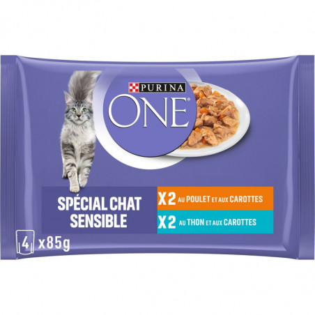 LOT DE 2 - PURINA ONE - Spécial Chat Sensible Poulet Thon Pâtée pour chat - paquet de 4 sachets de 85 g