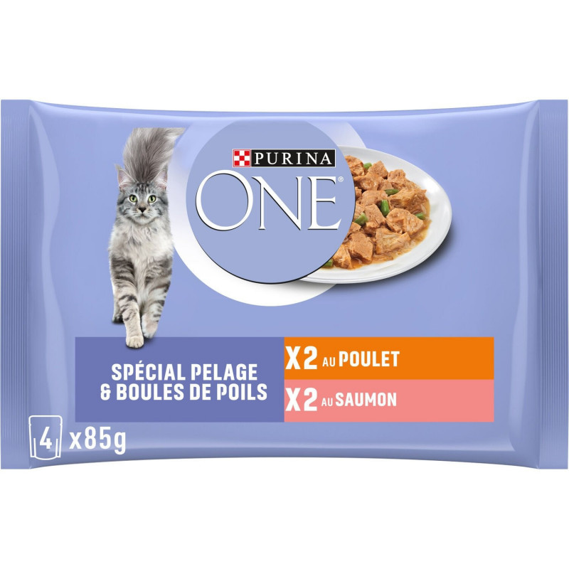 PURINA ONE - Spécial Pelage Boules de poils Poulet Saumon Pâtée pour chat - paquet de 4 sachets de 85 g
