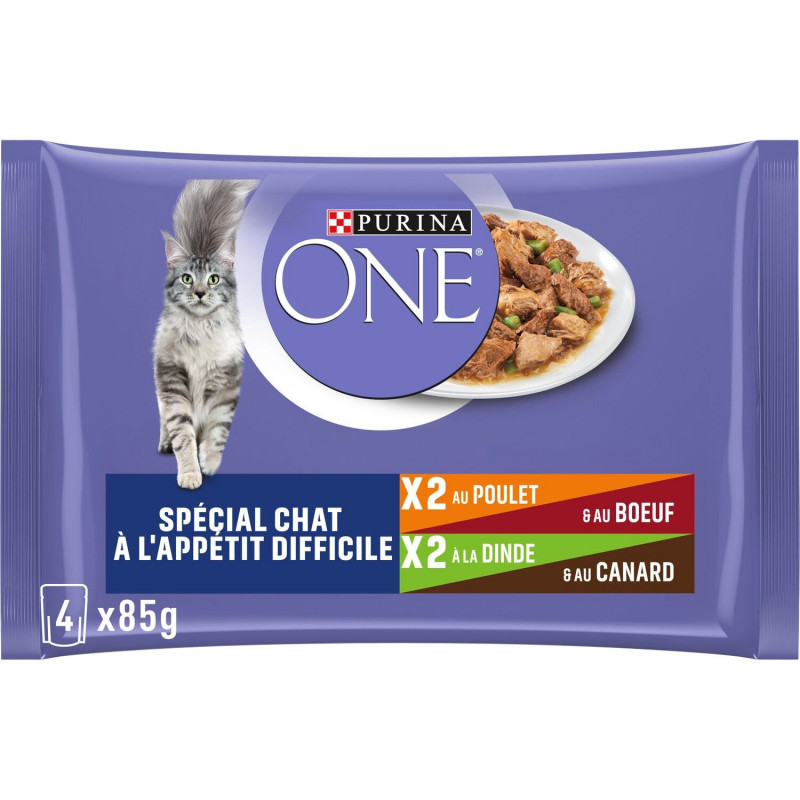 LOT DE 2 - PURINA ONE - Spécial Chat Appétit Dificile Poulet Boeuf Pâtée pour chat - paquet de 4 sachets de 85 g