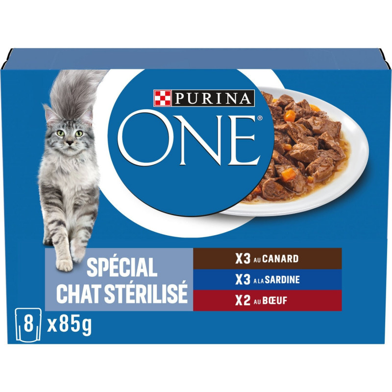 LOT DE 4 - PURINA ONE - Pâtée pour chat Stérilisé Canard Sardine Buf - boite de 8 sachets de 85 g