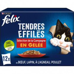LOT DE 4 - FELIX - Tendres Effilés Sélection Campagne en Gelée Pâtée pour chat - paquet de 12 sachets de 85 g