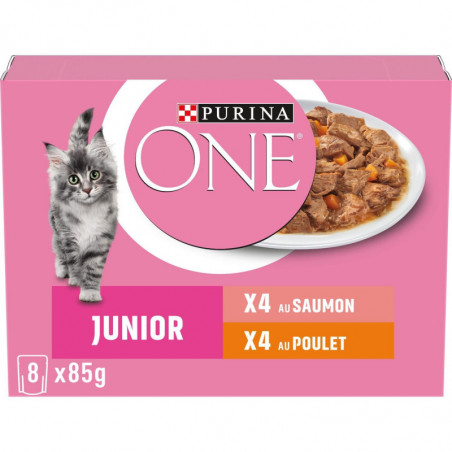 LOT DE 6 - PURINA ONE - Pâtée pour chat Junior Saumon Poulet - boite de 8 sachets de 85 g