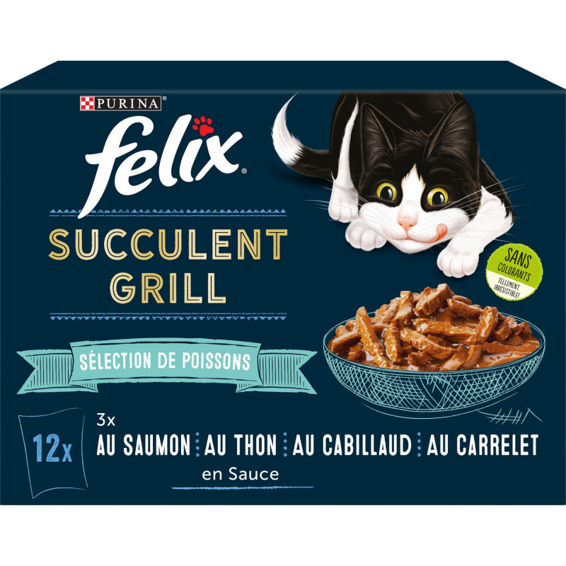 LOT DE 2 - FELIX - Succulent Grill Cabillaud Sélection de Poissons Pâtée pour chat - paquet de 12 sachets de 80 g