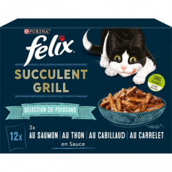 LOT DE 3 - FELIX - Succulent Grill Cabillaud Sélection de Poissons Pâtée pour chat - paquet de 12 sachets de 80 g