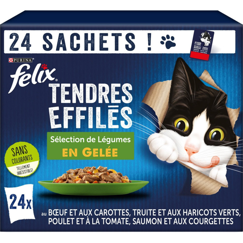 LOT DE 3 - FELIX - Tendres Effilés Sélection de Légumes en Gelée Pâtée pour chat - paquet de 24 sachets de 85 g