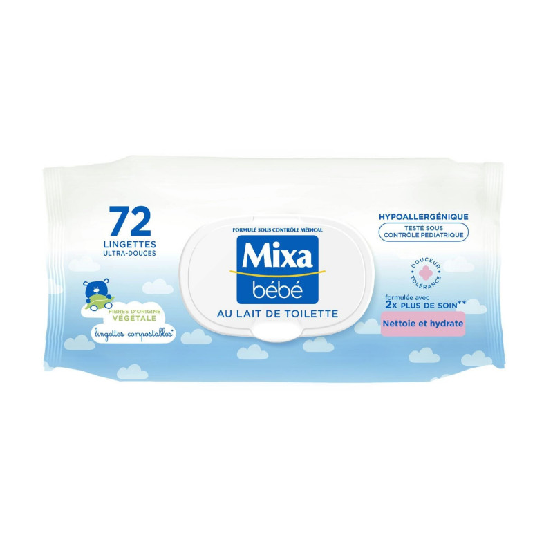 LOT DE 4 - MIXA Bébé - Lingettes au lait de toilette nettoyantes - paquet de 72 lingettes