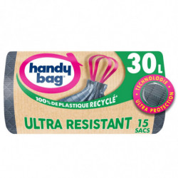 LOT DE 3 - HANDY BAG - Ultra Résistants Sacs poubelle 30 L à poignées coulissantes - rouleau de 15 sacs