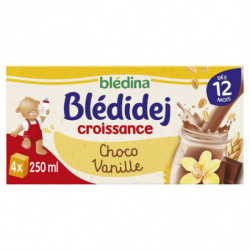 LOT DE 3 - BLEDINA - Blédidej Croissance Choco Vanille Lait et céréales bébé dès 12 mois - boîte de 4 briques de 250 ml