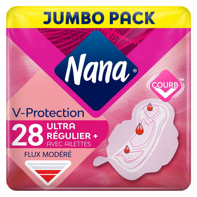 LOT DE 5 - NANA -  Ultra Régulier Plus V-protection avec ailettes - paquet de 28 Serviettes hygiéniques