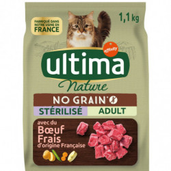 LOT DE 3 - ULTIMA - Croquettes No Grain Chat Sterilisé Adult Buf Sans Céréales - sac de 1,1 kg