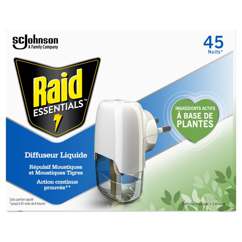 LOT DE 4 - RAID ESSENTIALS - Anti-Moustique Diffuseur Électrique Liquide + Recharge 45 nuits À Base De Plantes