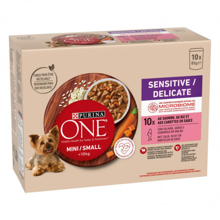 LOT DE 2 - PURINA ONE - Mini Small Sensitive Delicate Pâtée Saumon Riz Carottes Chiens Adultes - boite de 10 sachets de 85g