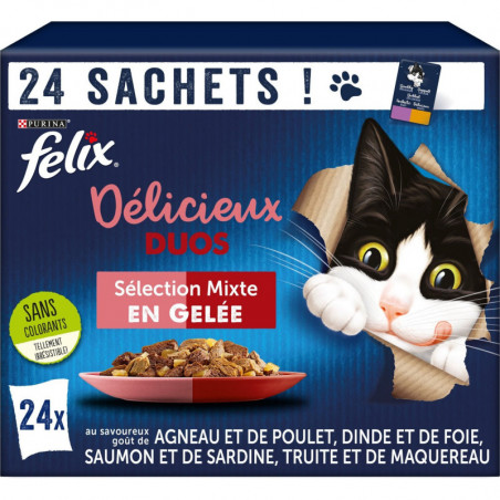 LOT DE 3 - FELIX - Tendres effilés en gelée - Délicieux Duos - Pâté pour chat - Boite de 24 sachets de 85g
