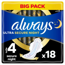 LOT DE 2 - ALWAYS - Ultra Secure Night Taille 4 - Paquet de 18 serviettes hygiéniques