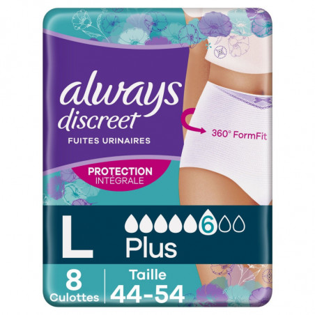 ALWAYS - Discreet Culottes Blanches Plus Taille L Fuites Urinaires - 8 Culottes