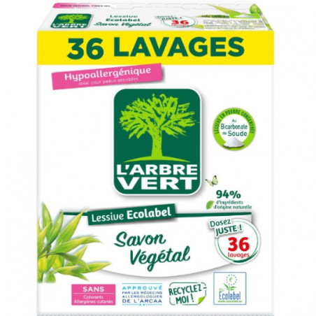 L'ARBRE VERT - Lessive Poudre Hypoallergénique Au Savon Végétal 36 Lavages - boîte de 1,8 kg