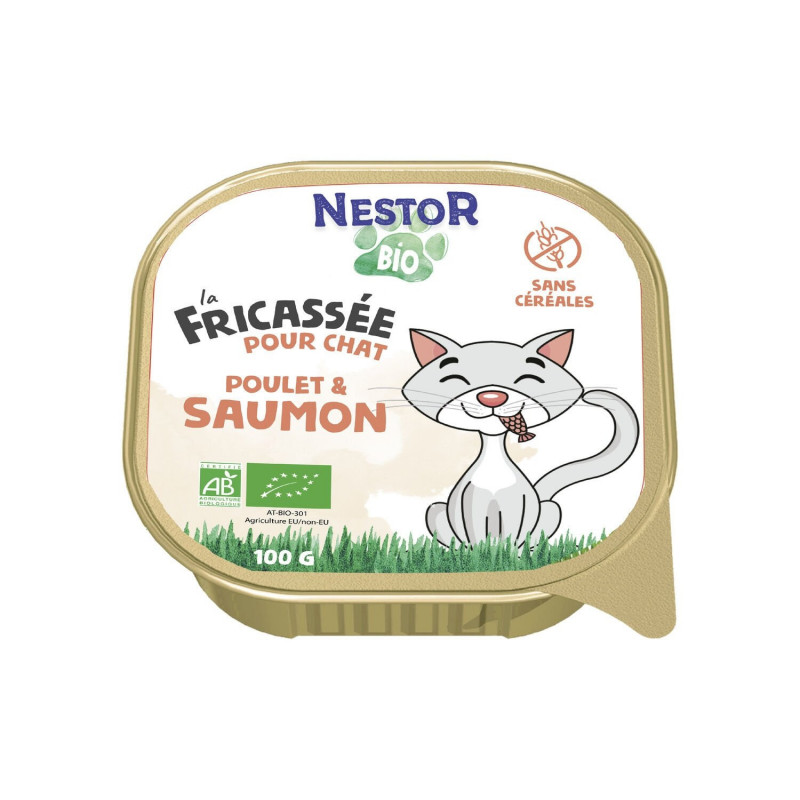 LOT DE 2 - NESTOR BIO - Pâtée chat Adulte à la fricassée de poulet et de saumon sans céréales - barquette de 100 g