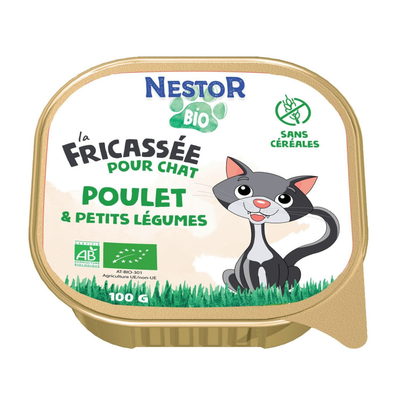 LOT DE 3 - NESTOR BIO - Pâtée chat Adulte à la fricassée de poulet et de petits légumes sans céréales - barquette de 100 g