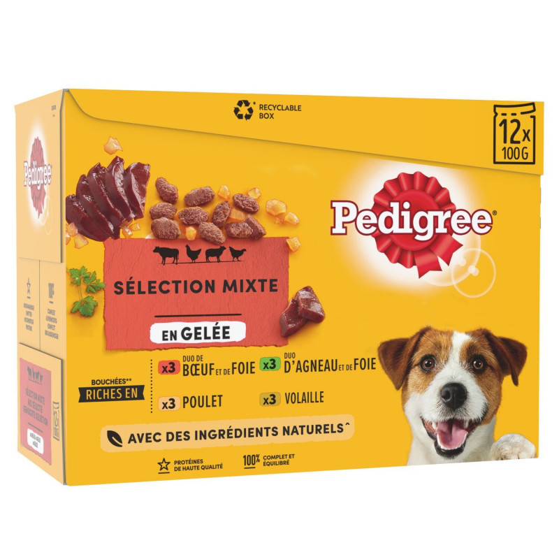 LOT DE 2 - PEDIGREE - Sélection Mixte en gelée Pâtée pour chien Adulte au buf poulet agneau - boite de 12 sachets de 100 g