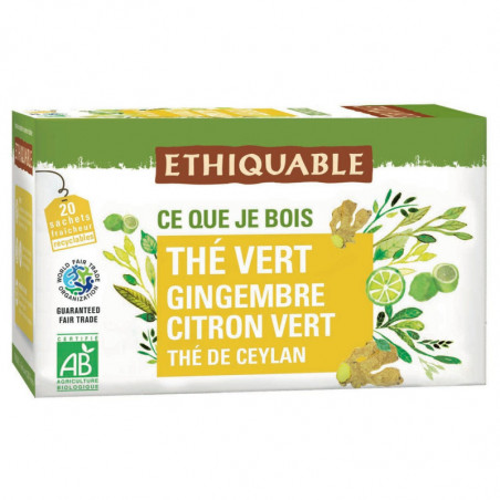 LOT DE 4 - ETHIQUABLE - Thé vert bio de ceylan Gingembre Citron Vert - boite de 20 Sachets
