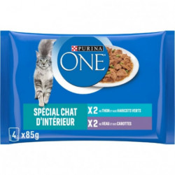 PURINA ONE - Spécial Chat d'intérieur Patée Assortiment Thon Veau - 4 sachets de 85 g