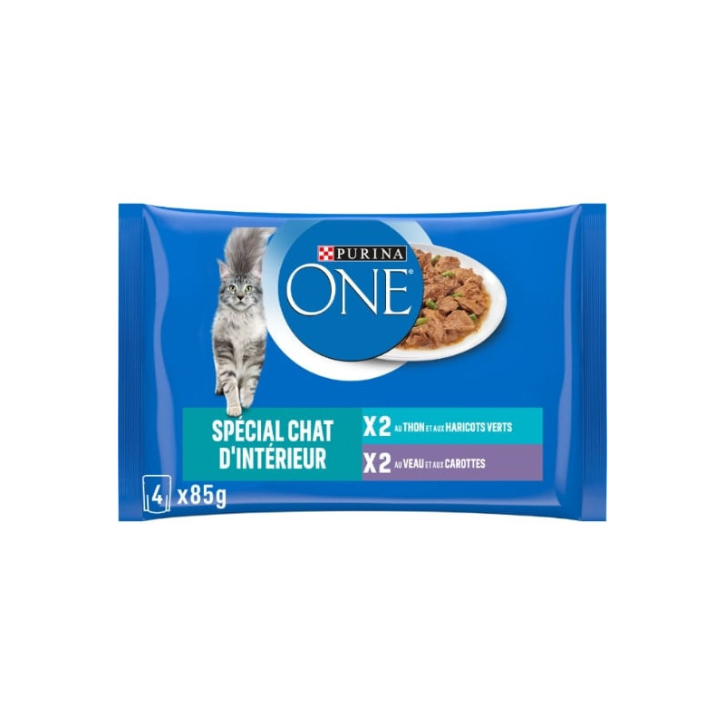 PURINA ONE - Spécial Chat d'intérieur Patée Assortiment Thon Veau - 4 sachets de 85 g