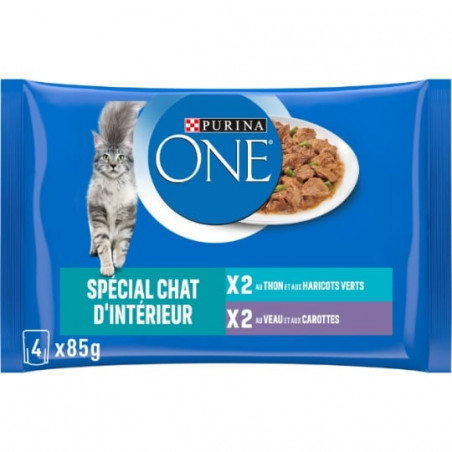 PURINA ONE - Spécial Chat d'intérieur Patée Assortiment Thon Veau - 4 sachets de 85 g