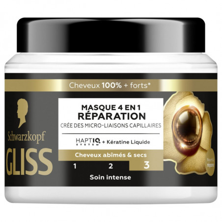 LOT DE 3 - SCHWARZKOPF - GLISS Masque 4en1 Réparation pour Cheveux Secs et Abîmés Soin cheveux Intense - pot de 400 ml