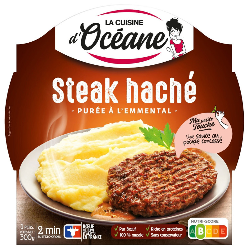 LOT DE 4 - LA CUISINE D'OCEANE - Steak Haché Charolais Purée Emmental Plat cuisiné - assiette de 300 g