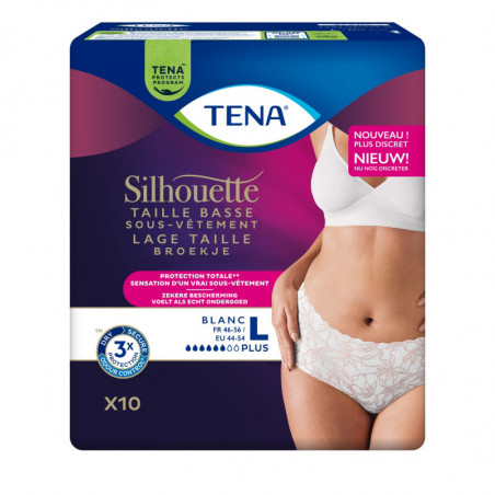 TENA - Silhouette Blanc Plus Taille Basse Taille L Fuites Urinaires - paquet de 10 Culottes