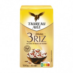 TAUREAU AILE - Sélection 3 Riz Blanc Rouge Sauvage Long Grain - paquet de 500 g