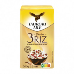 LOT DE 3 - TAUREAU AILE - Sélection 3 Riz Blanc Rouge Sauvage Long Grain - paquet de 500 g