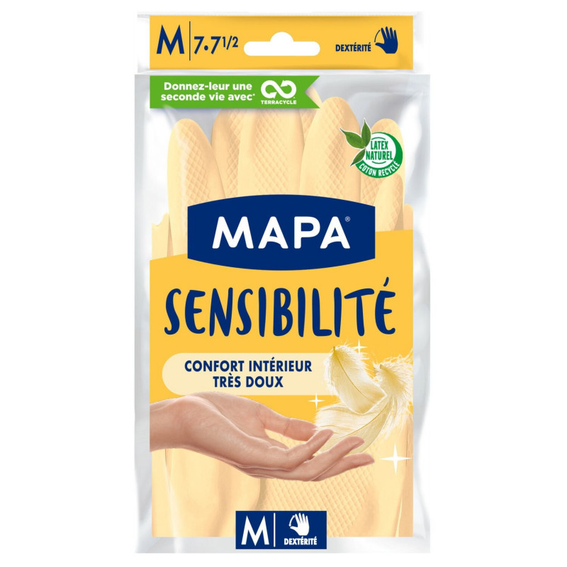 LOT DE 2 - MAPA - Gants de ménage Sensibilité Latex Satiné Taille M - paquet de une paire de gants