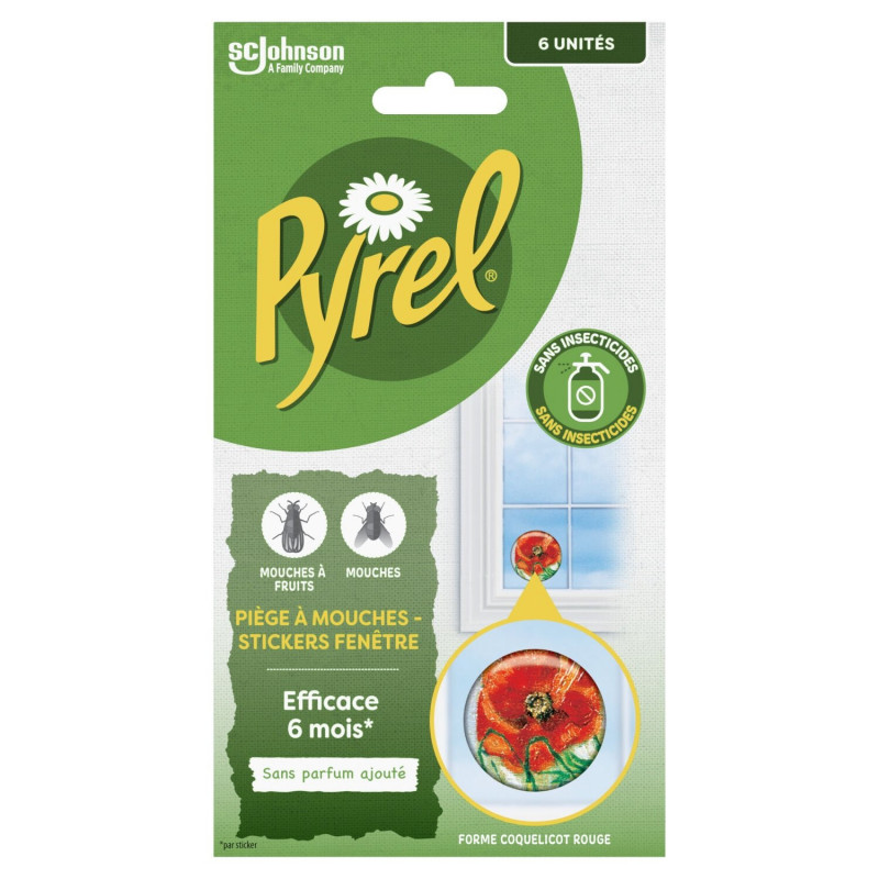 LOT DE 3 - PYREL - Piège Anti-Mouches Stickers Fenêtres Coquelicot Rouge Sans Parfum - boite de 6 stickers