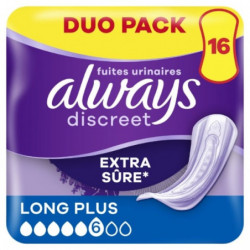 LOT DE 4 - ALWAYS - Discreet Long Plus 6 gouttes Serviettes incontinence - Paquet de 16 serviettes