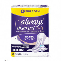 LOT DE 6 - ALWAYS - Discreet Extra Sure Ultimate Nuit 7 gouttes Serviette Incontinence - paquet de 8 serviettes