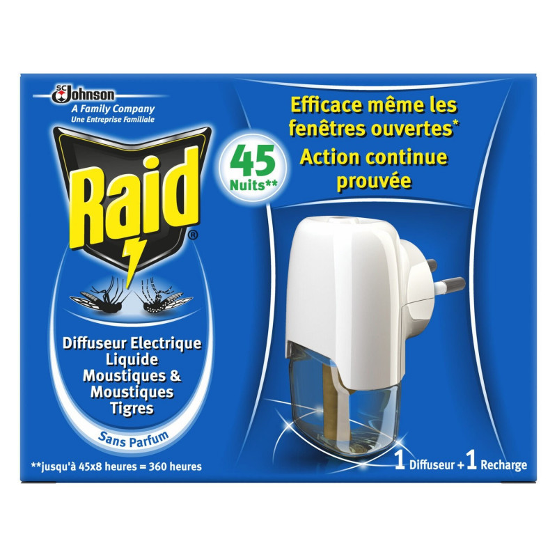 LOT DE 3 - RAID - Diffuseur Électrique Liquide anti-moustiques Sans Parfum - 1 diffuseur + 1 recharge 45 nuits