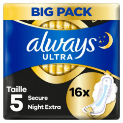 ALWAYS - Ultra Secure Night Taille 5 - Paquet de 16 serviettes hygiéniques Avec Ailettes