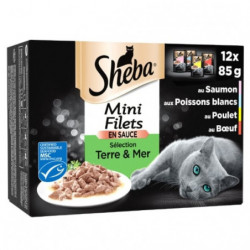 LOT DE 4 - SHEBA - Mini Filets en Sauce Sélection Terre Mer Pâtée pour chat - paquet de 12 sachets de 85 g
