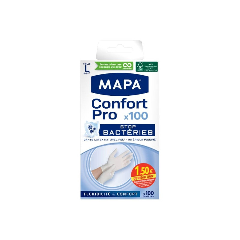 LOT DE 4 - MAPA - Confort Pro Stop Bactéries Taille L Gants Latex - Boîte de 100 gants