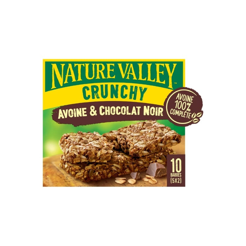 LOT DE 4 - NATURE VALLEY - Barres Céréales Crunchy Avoine et Chocolat Noir - boîte de 5 sachets de 2 barres - 210 g