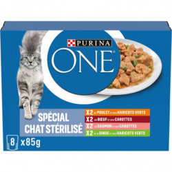 LOT DE 6 - PURINA ONE - Spécial Chat Stérilisé Patée Assortiment Boeuf Poulet Saumon Dinde - 8 sachets de 85 g
