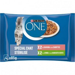 LOT DE 4 - PURINA ONE - Spécial Chat Stérilisés Patée Assortiment Saumon Dinde - 4 sachets de 85 g