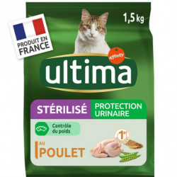 LOT DE 2 - ULTIMA - Croquettes Chat Stérilisé Protection Urinaire au Poulet - Paquet de 1,5 kg